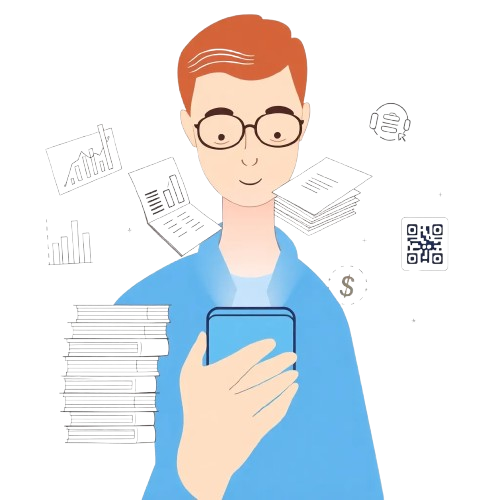 Illustration of a person using a mobile phone with stacks of paper and various icons representing analytics, QR code, currency, and data transfer